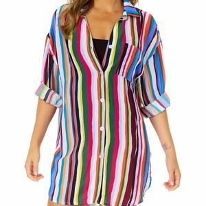 Anne Cole Easy Breezy Stripe Button Down Shirt Swimsuit Cover up multicolor - XS